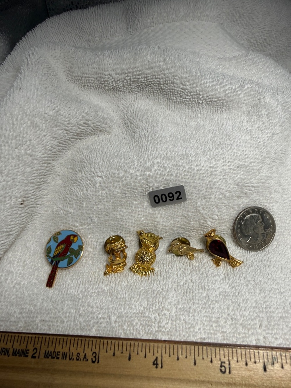 5 Gold-Tone Bird Brooches, Accents of Blue, Red, Green